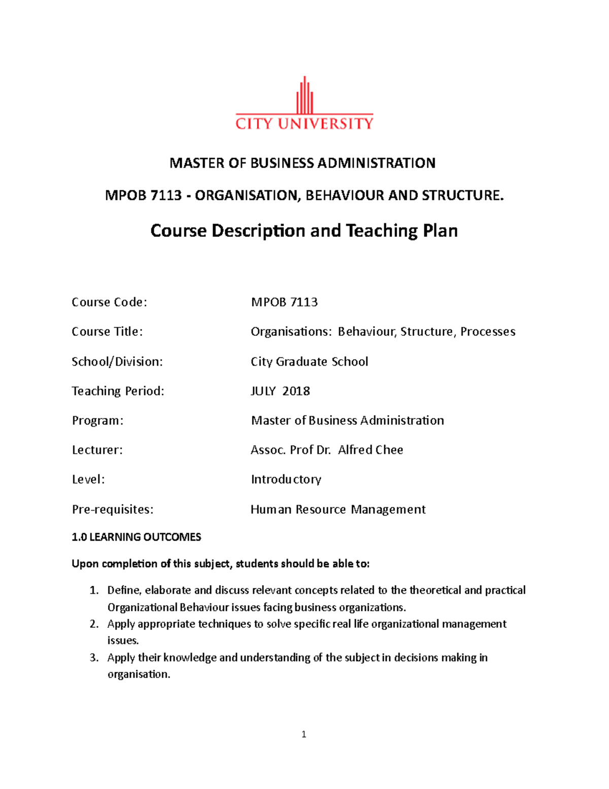 OB Course Description May 2018 - MASTER OF BUSINESS ADMINISTRATION MPOB ...