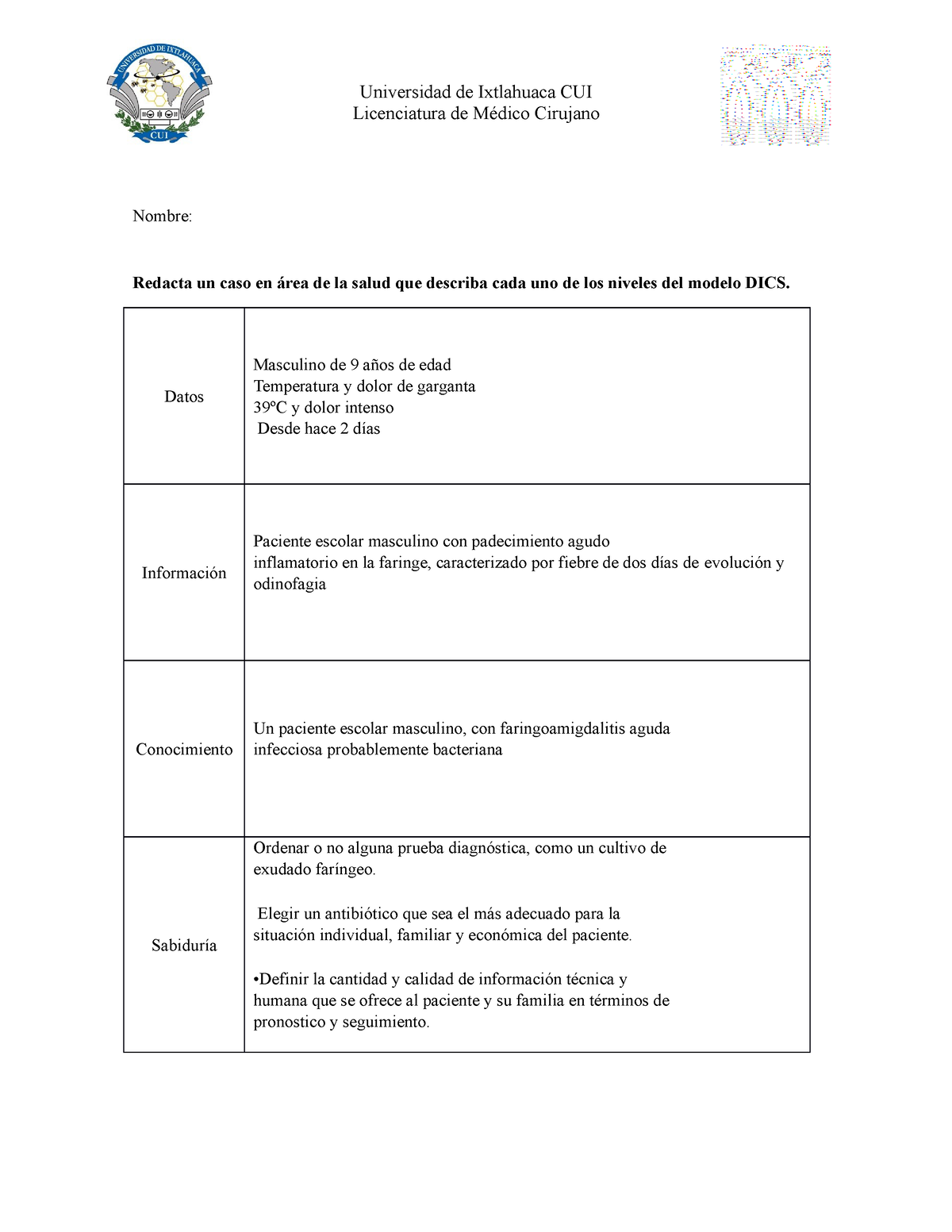 Práctica Modelo DICS - tarea - Universidad de Ixtlahuaca CUI Licenciatura  de Médico Cirujano Nombre: - Studocu