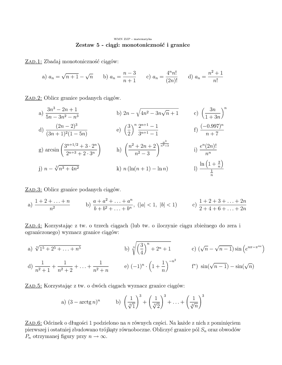 Z05 Funkcje Elementarne Ciągi Liczbowe I Ich Granice Granice Funkcji Funkcje Wmn Ziip 6672