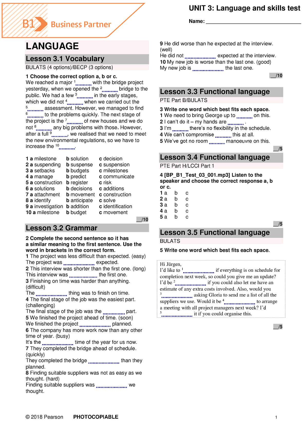 BP B1 Tests Unit3 - Tốt - © 2018 Pearson PHOTOCOPIABLE 1 UNIT 3 ...