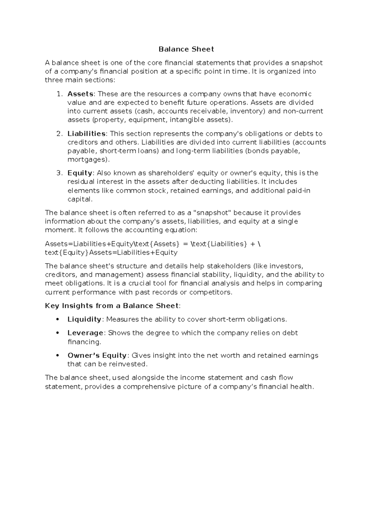 Balance Sheet - It is organized into three main sections: Assets: These ...