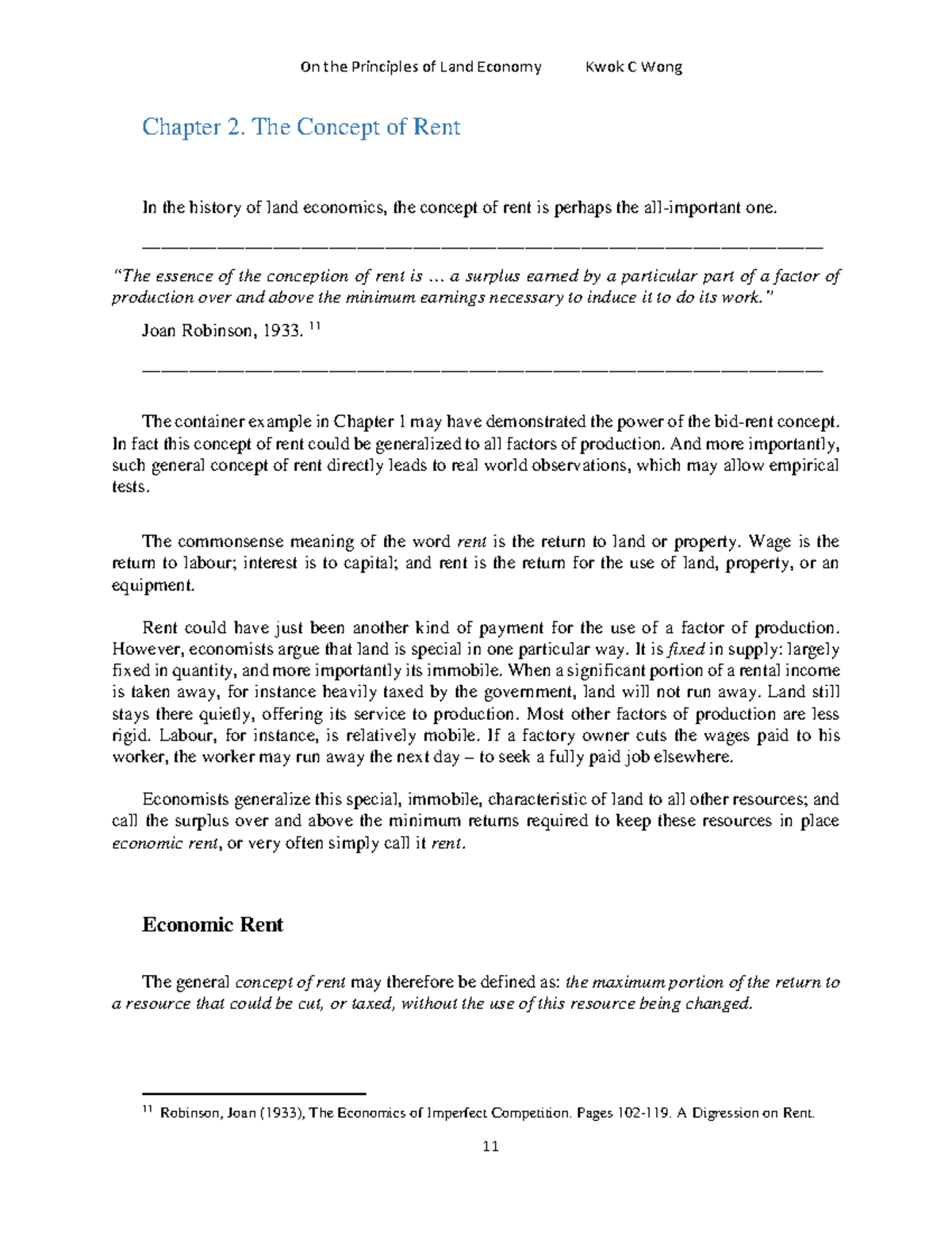 Chapter 2 land econ Chapter 2. The Concept of Rent In the history