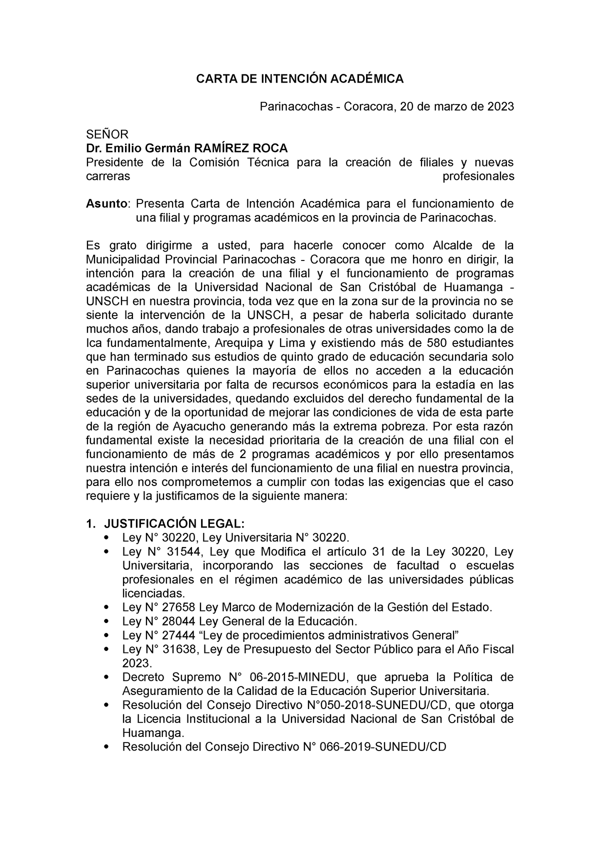 Carta De Intención Académica Carta De IntenciÓn AcadÉmica Parinacochas Coracora 20 De Marzo 5986