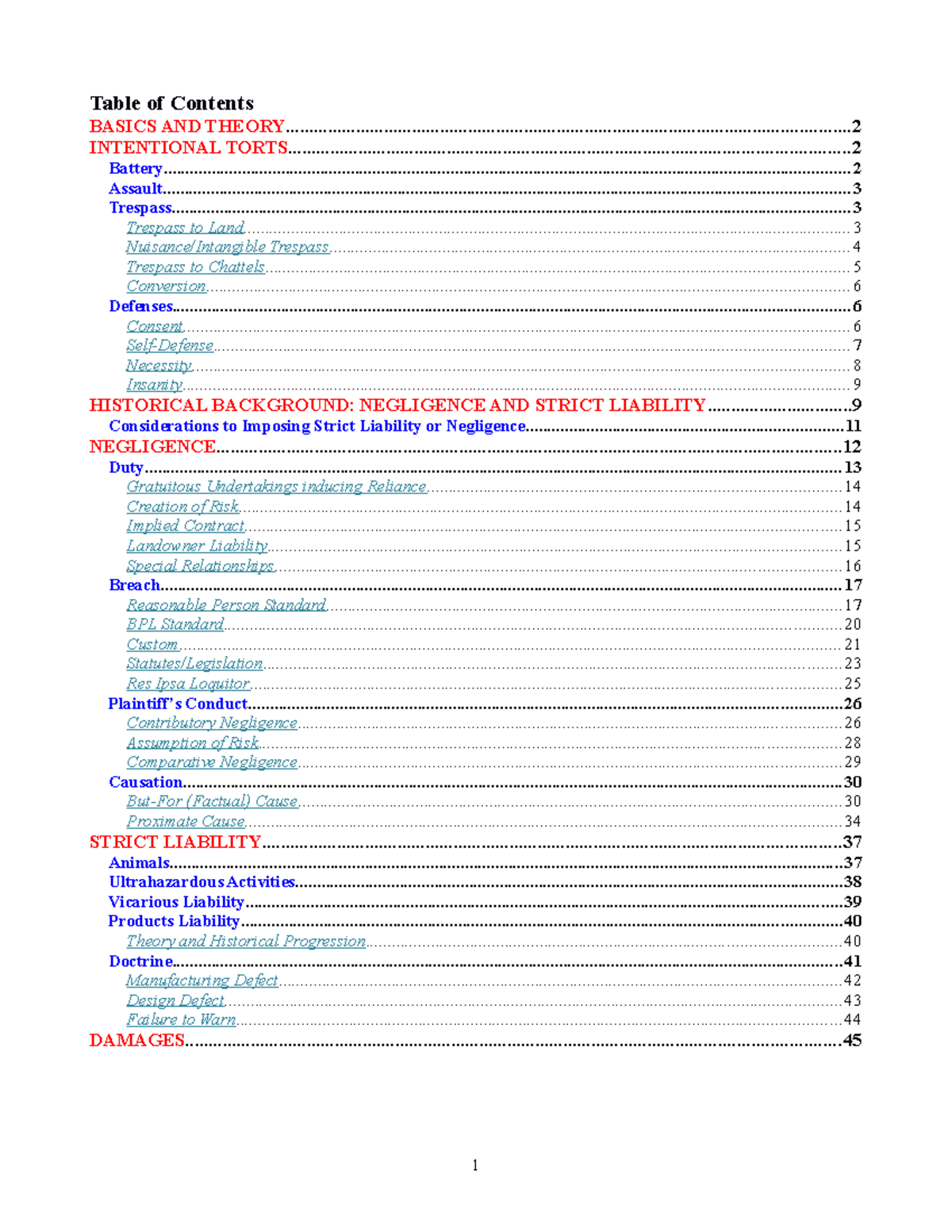 Torts Notes - Table of Contents BASICS AND - Studocu