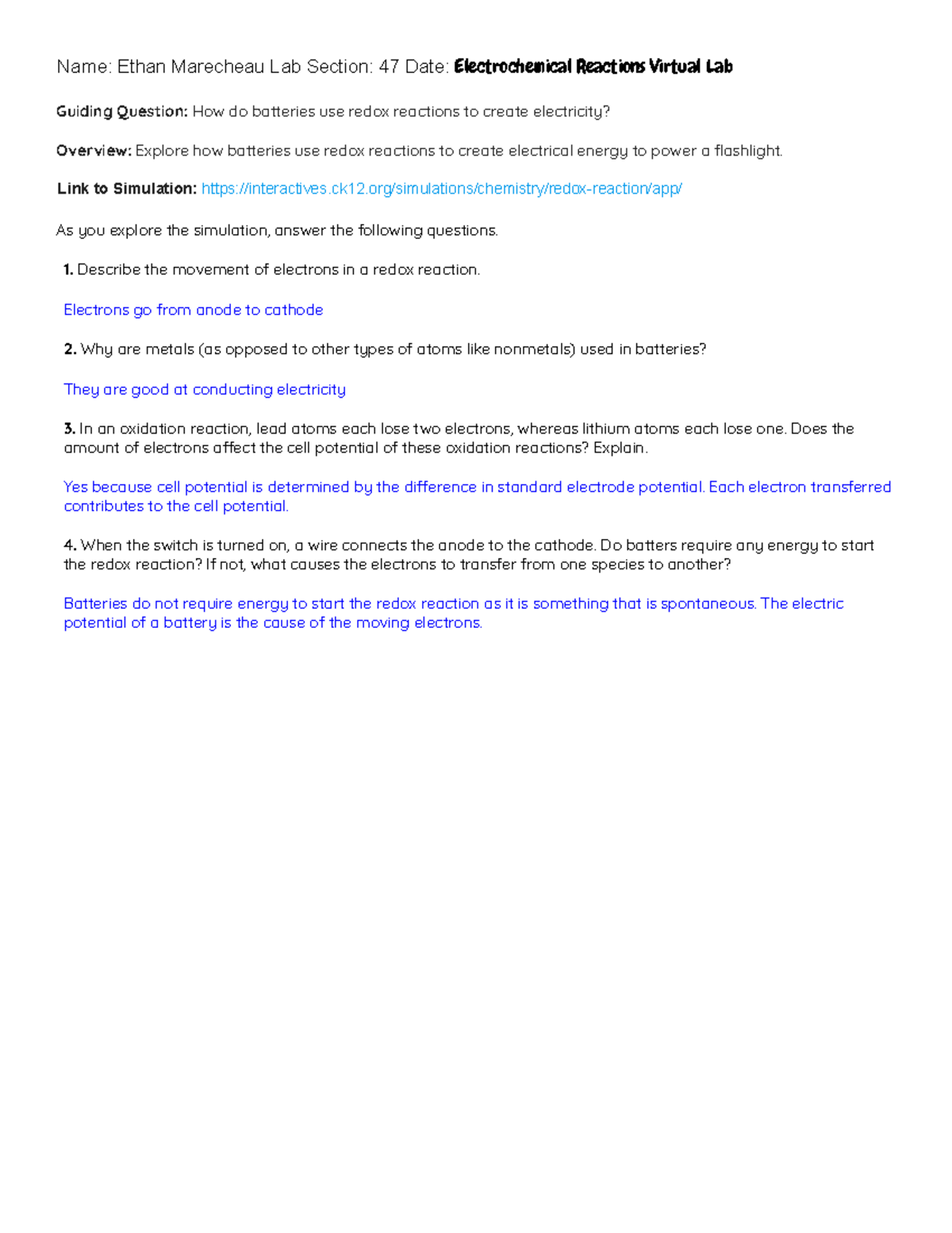 Virtual Lab 20 Electrochemical Reactions Name Ethan Marecheau Lab