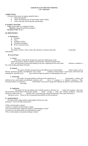 Lesson PLAN IN Creative W- W5 - LESSON PLAN IN CREATIVE WRITING ( 4A’s ...