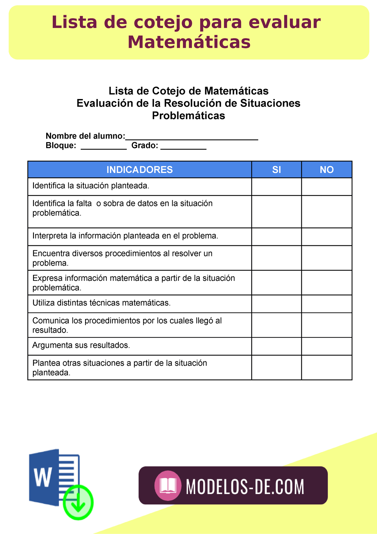 Listas De Cotejo Para Evaluar Problemas Matematicos En La Primaria