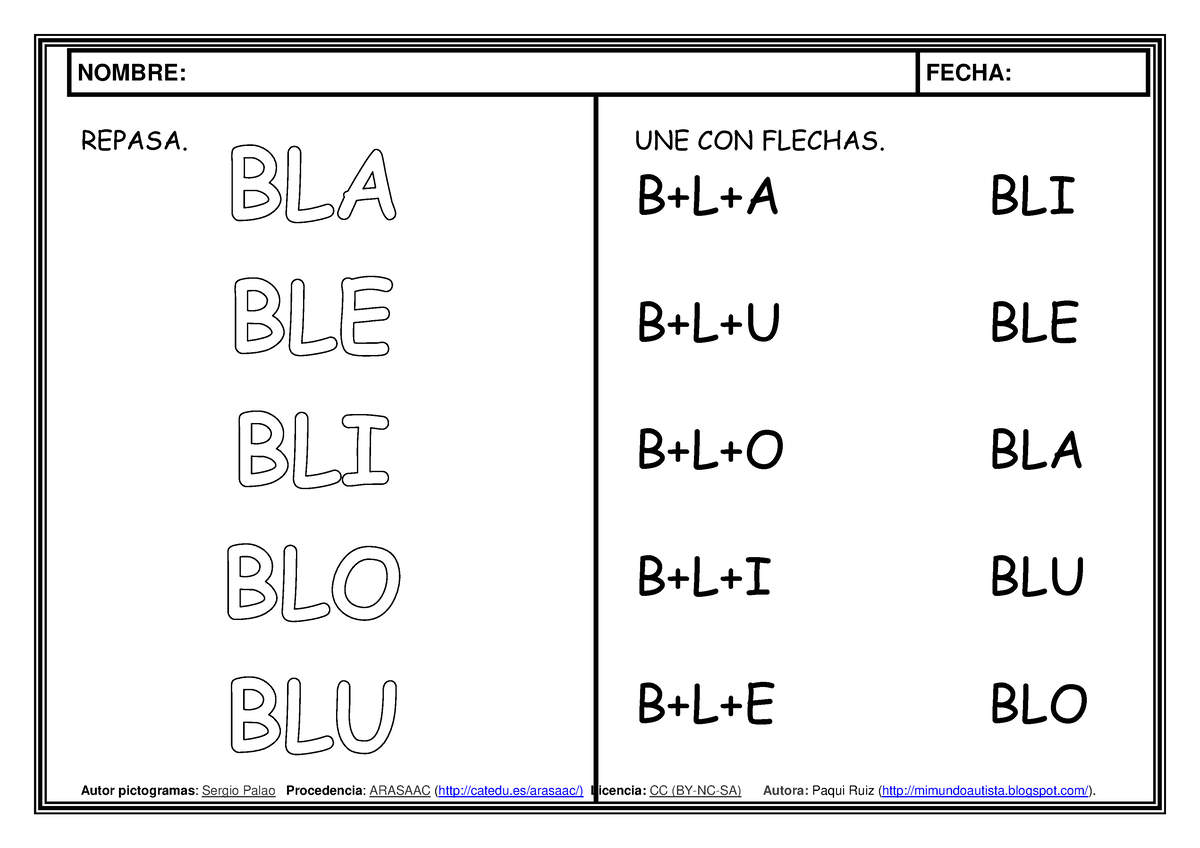 Silaba Trabada -BL - REPASA. UNE CON FLECHAS. B+L+A BLI B+L+U BLE B+L+O ...