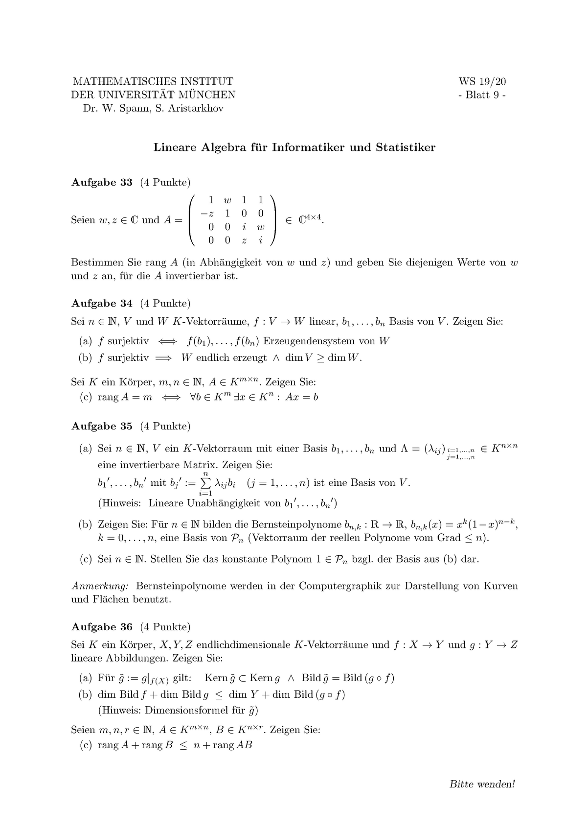 Ubung 9 Aufgaben Lineare Algebra I Studocu