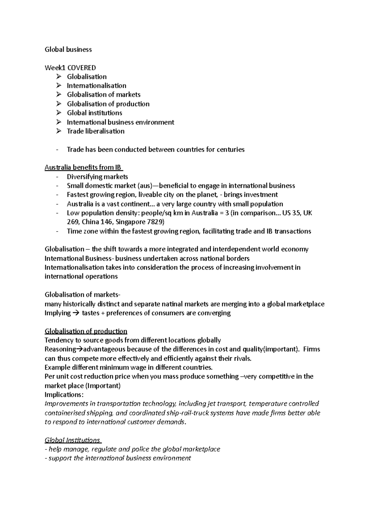 Wk 1 Lec - notes from wk 1 - Global business Week1 COVERED Ø ...
