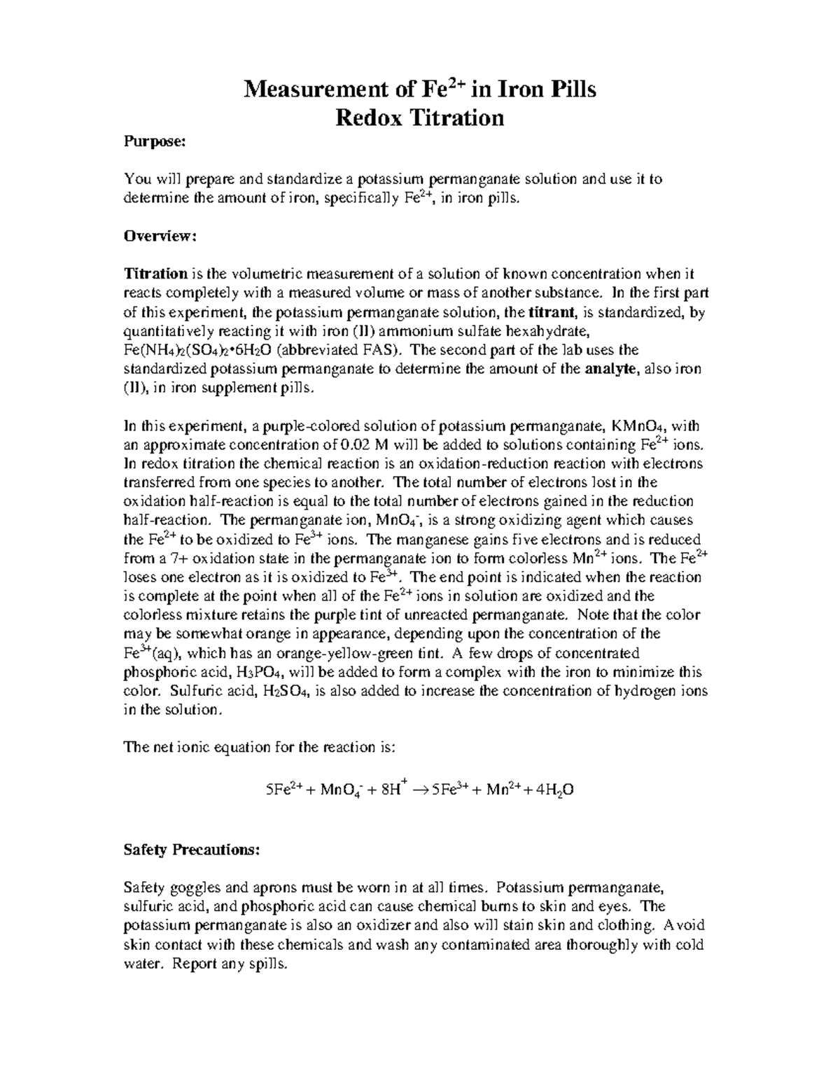 Redox Titration shows a chem ia ejemplo Measurement of Fe 2+ in