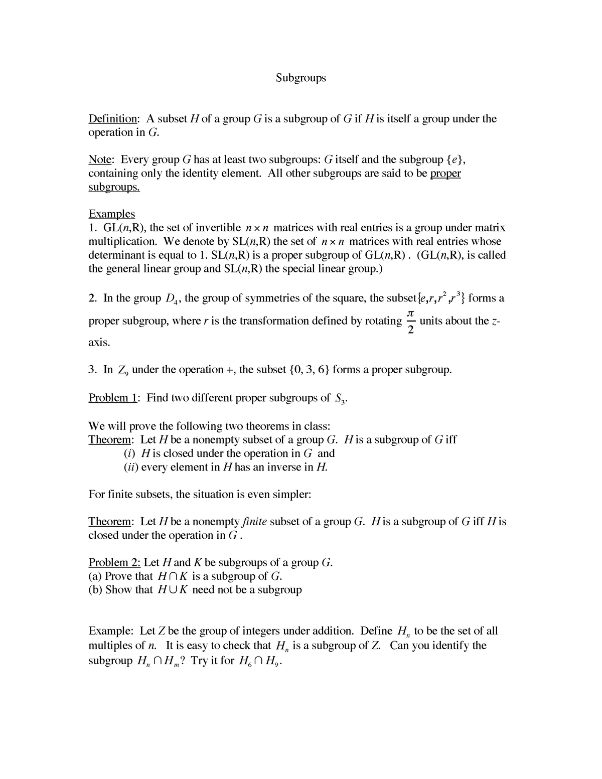 Subgroups - Group Theory - Subgroups Definition: A Subset H Of A Group ...