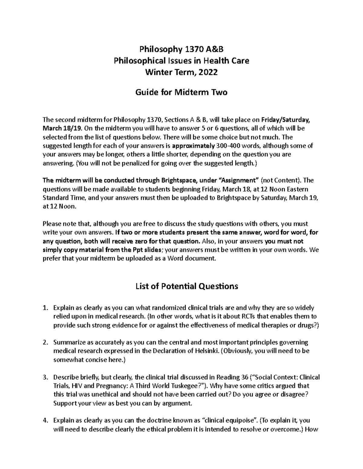Guide For Midterm 2 Winter Philosophy 1370 - Philosophy 1370 A&B ...