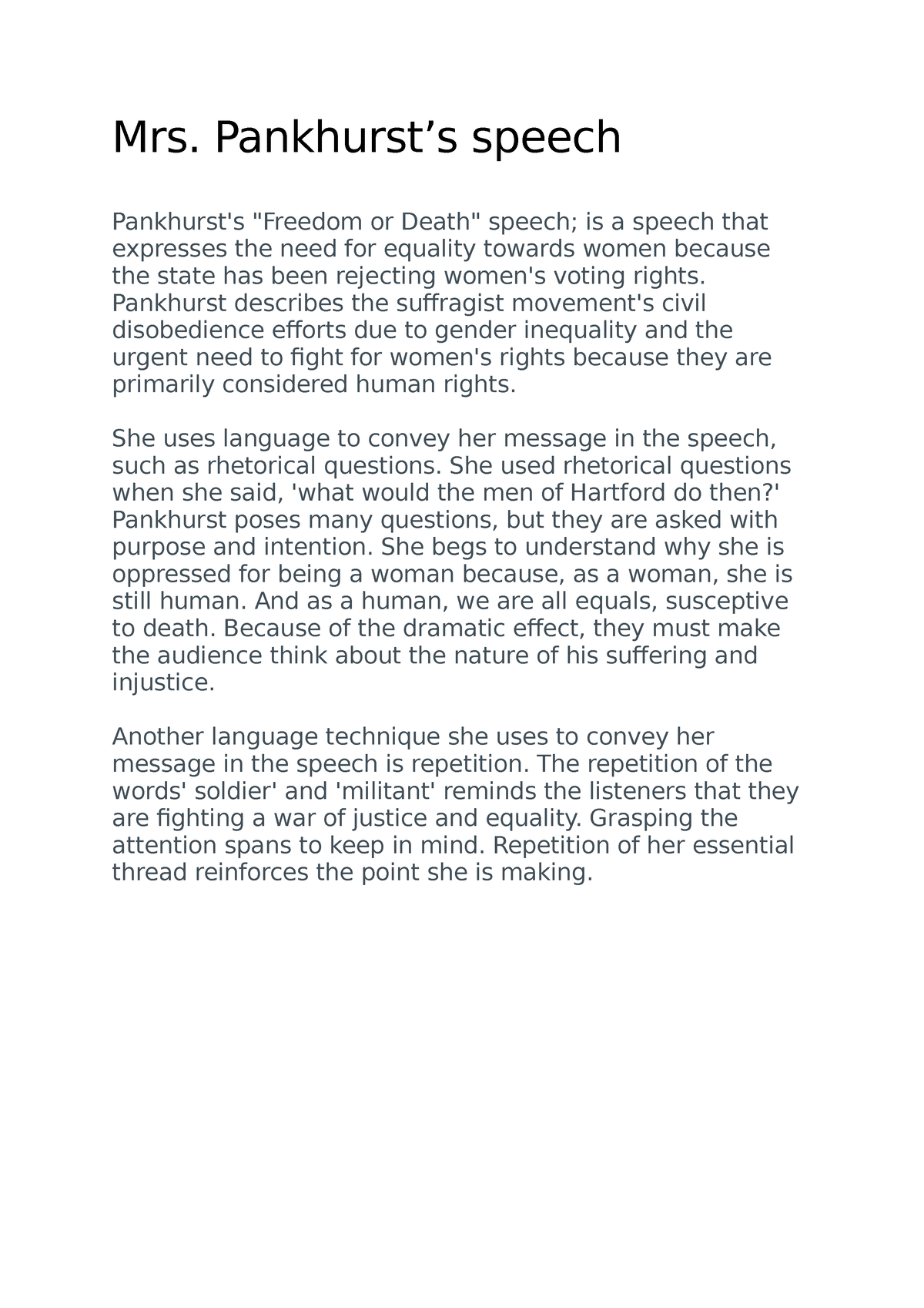 Mrs.pankhurst speach - essay - Mrs. Pankhurst’s speech Pankhurst's ...