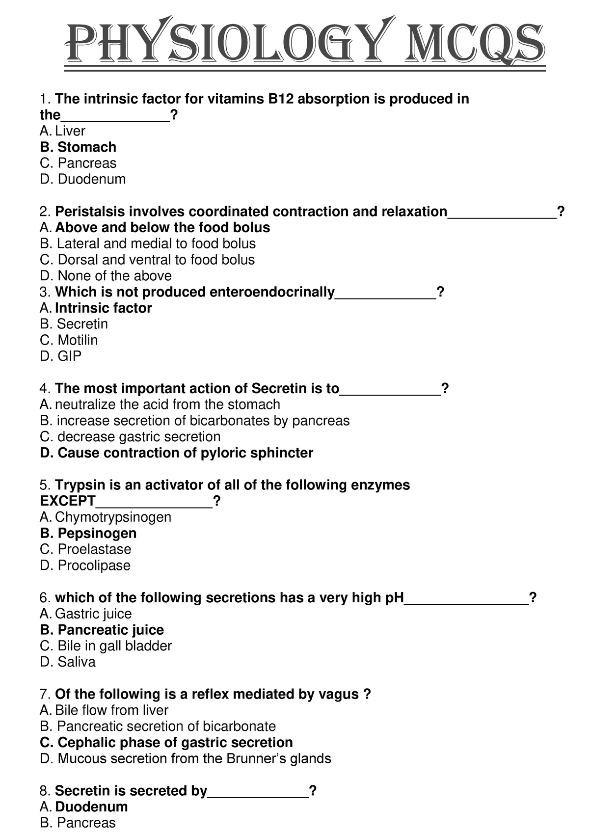 Physio Physiology Mcqs The intrinsic factor for vitamins B12