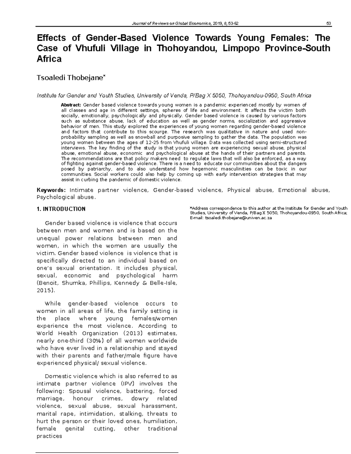 Effects of Gender based violence towards young females Limpopo ...