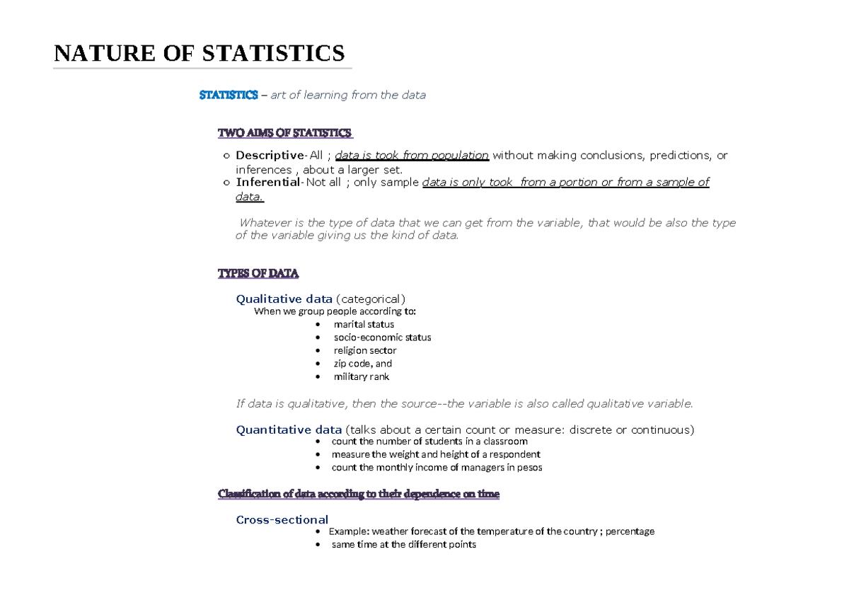 Nature of Statistics (Psych 152) NATURE OF STATISTICS STATISTICS