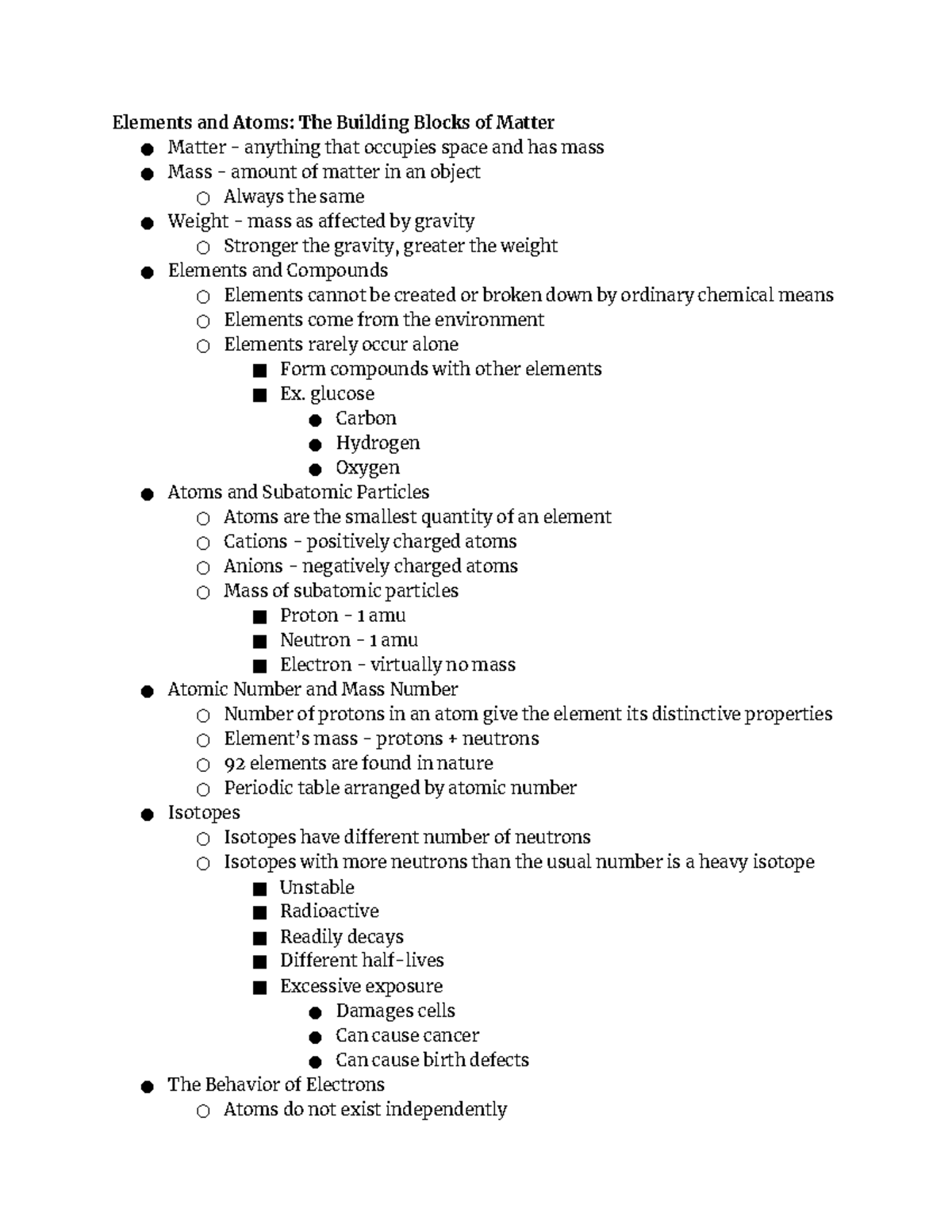 Chapter 2 Notes Elements and Atoms The Building Blocks of Matter