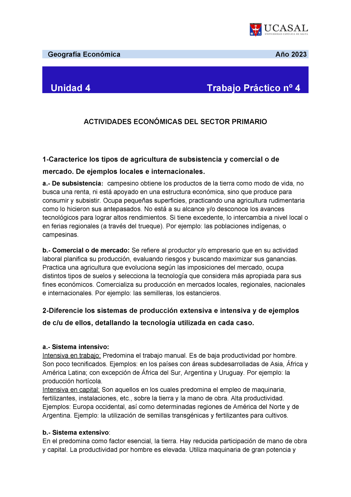 Trabajo Practico Numero 4 - Geografía Económica Año 2023 Unidad 4 ...