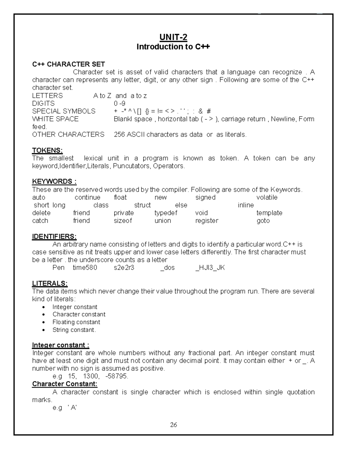 Introduction to C++. - UNIT- Introduction to C++ C++ CHARACTER SET ...