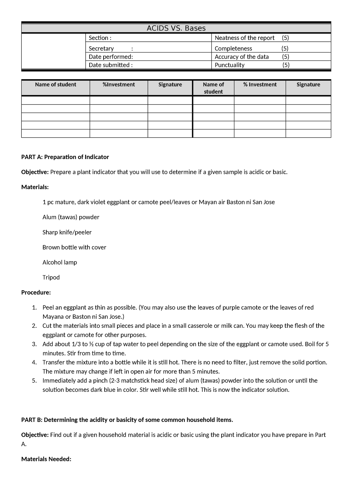 Acids vs Bases Lab - ACIDS VS. Bases Section : Neatness of the report ...