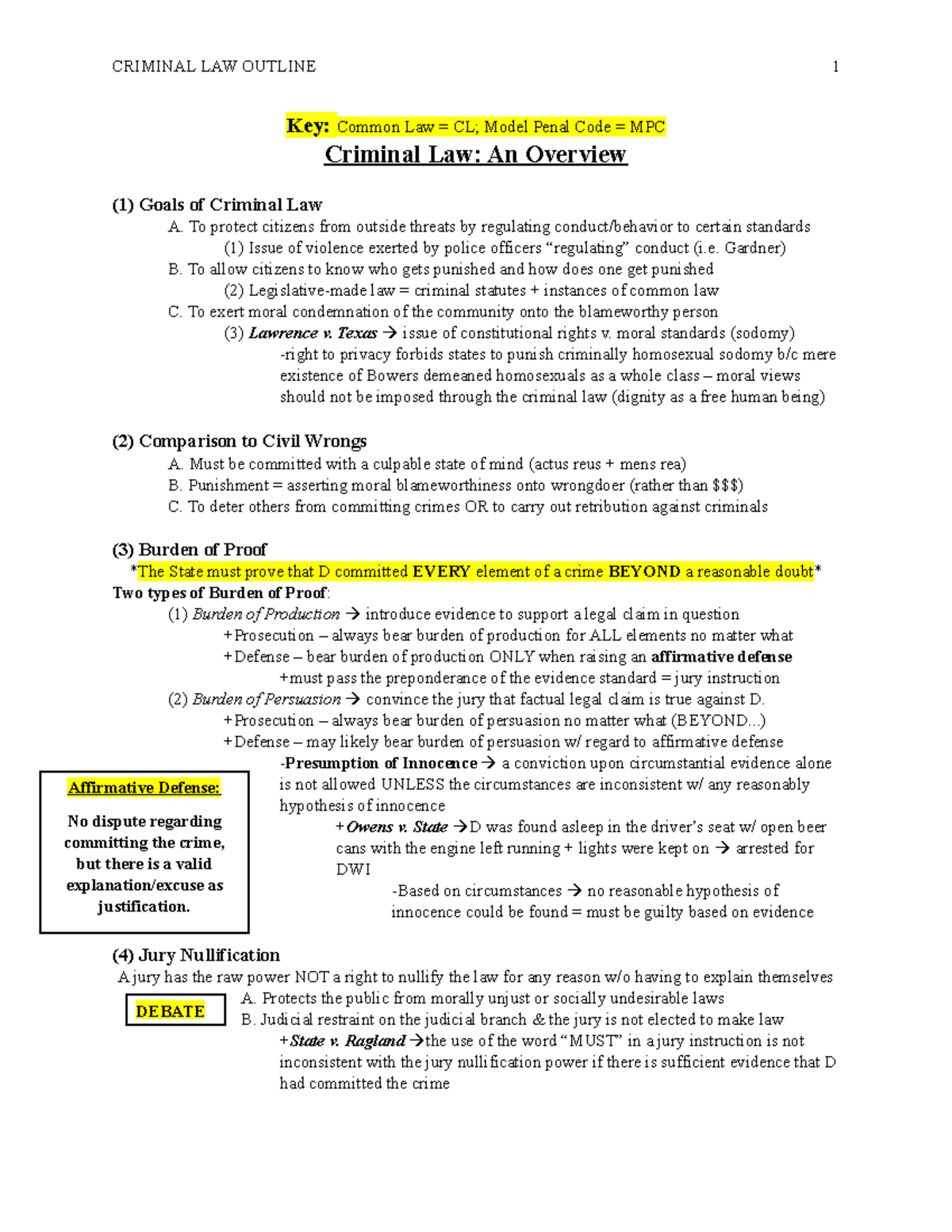 Criminal Law Outline Key Common Law = CL; Model Penal Code = MPC