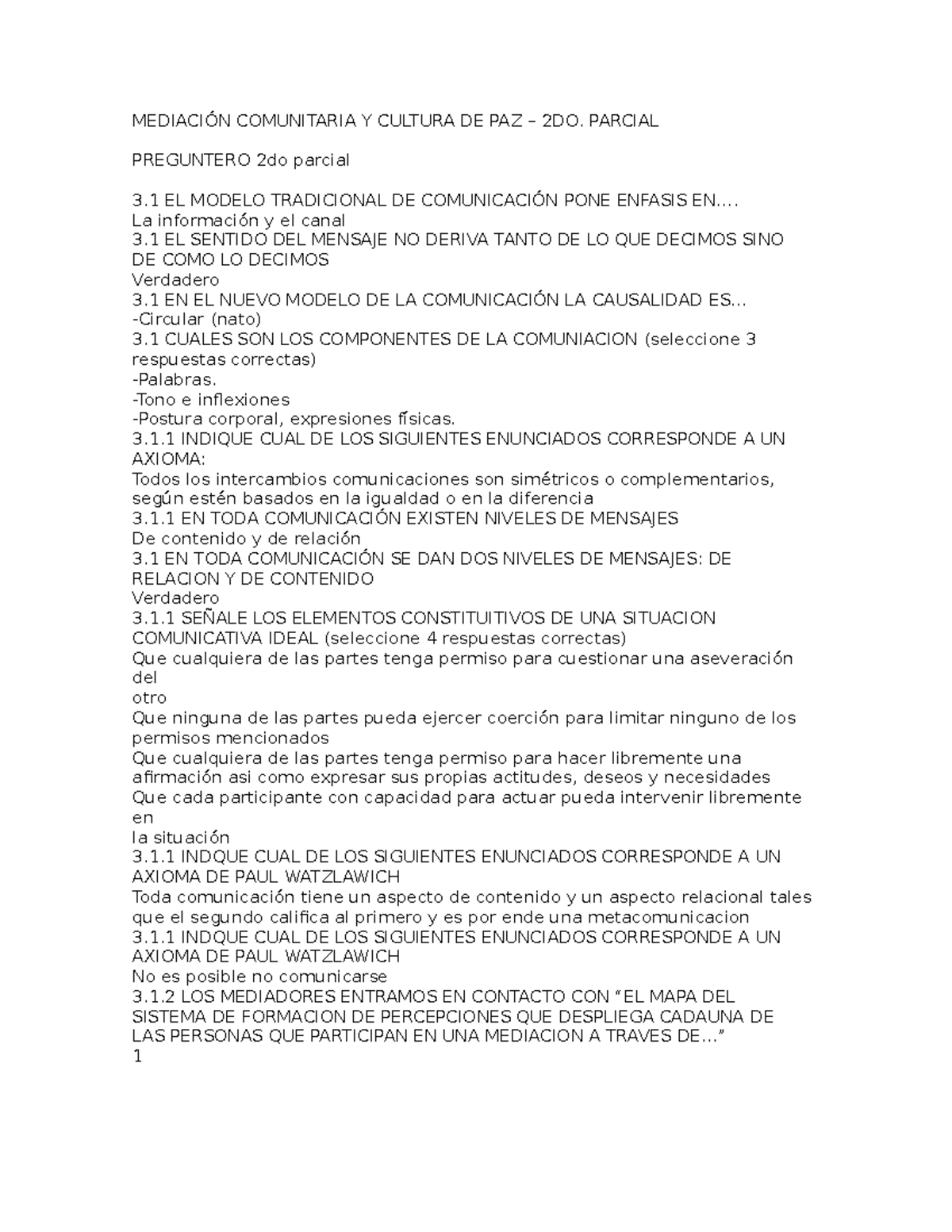 Preguntero 2do parcial - MEDIACIÓN COMUNITARIA Y CULTURA DE PAZ – 2DO ...