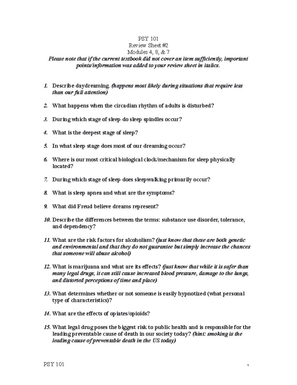 PSY 101 Review Sheet#2 (1) (1)(1) - PSY 101 Review Sheet # Modules 4, 8 ...