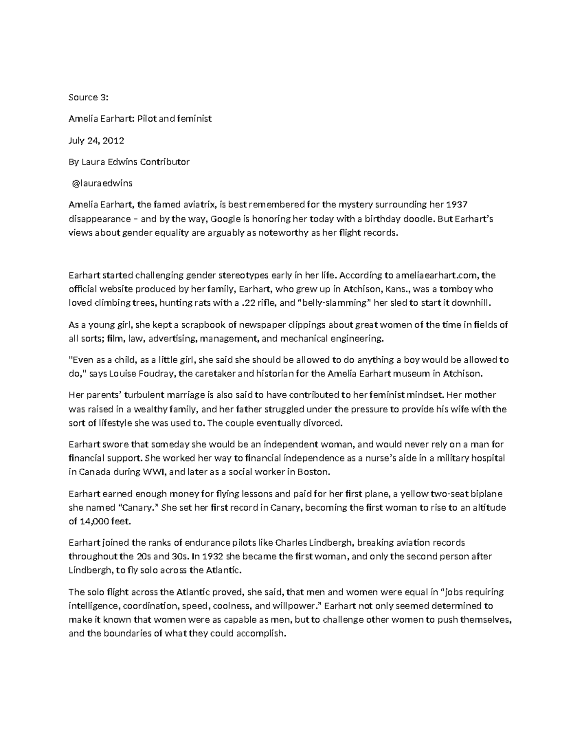 Source+3 - Idk - Source 3: Amelia Earhart: Pilot and feminist July 24 ...