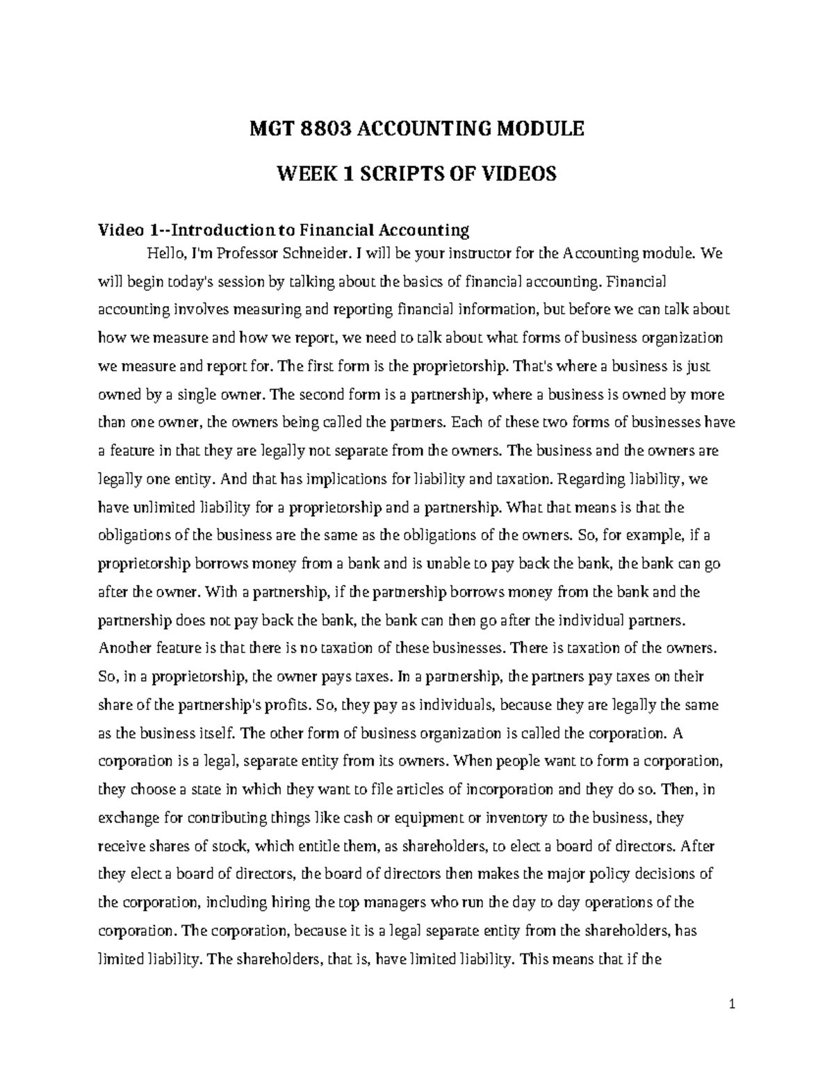 Week 1 Accounting- Introduction to Financial Accounting Video Scripts ...