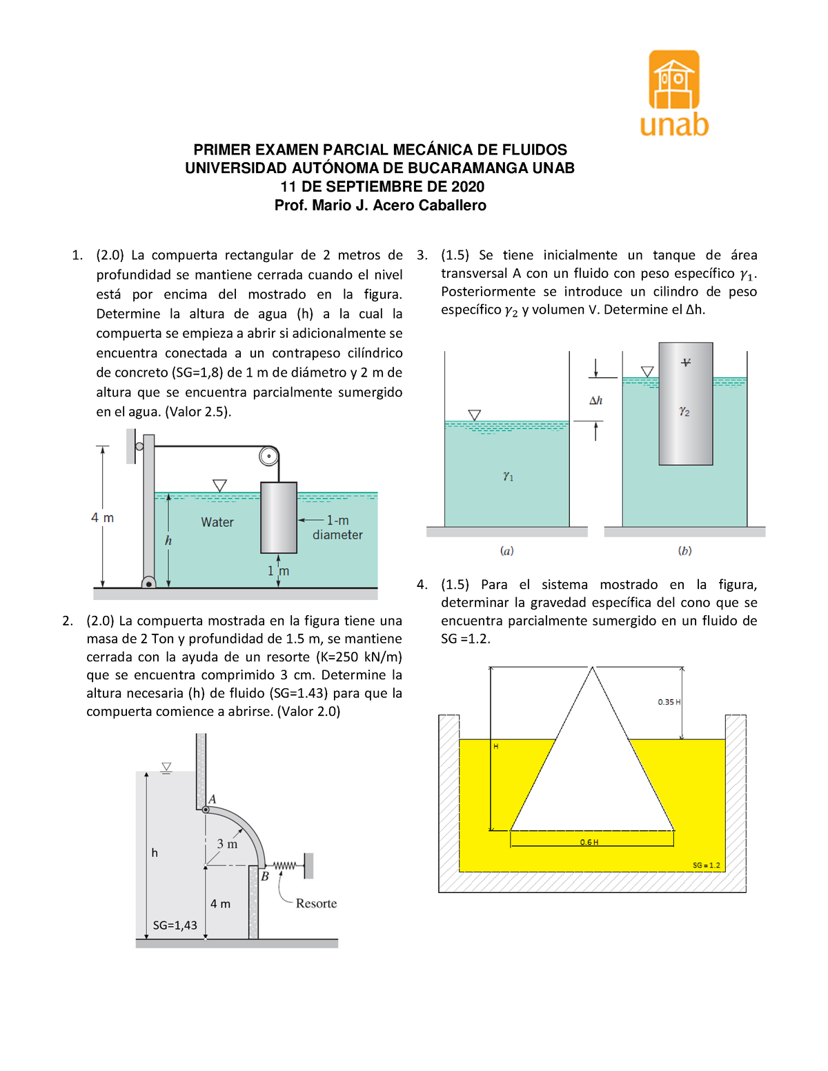 Examen 1 - 202020 - 2023 - PRIMER EXAMEN PARCIAL MECÁNICA DE FLUIDOS ...