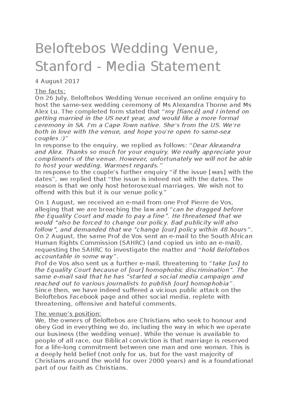 Beloftebos media statement - Beloftebos Wedding Venue, Stanford - Media ...