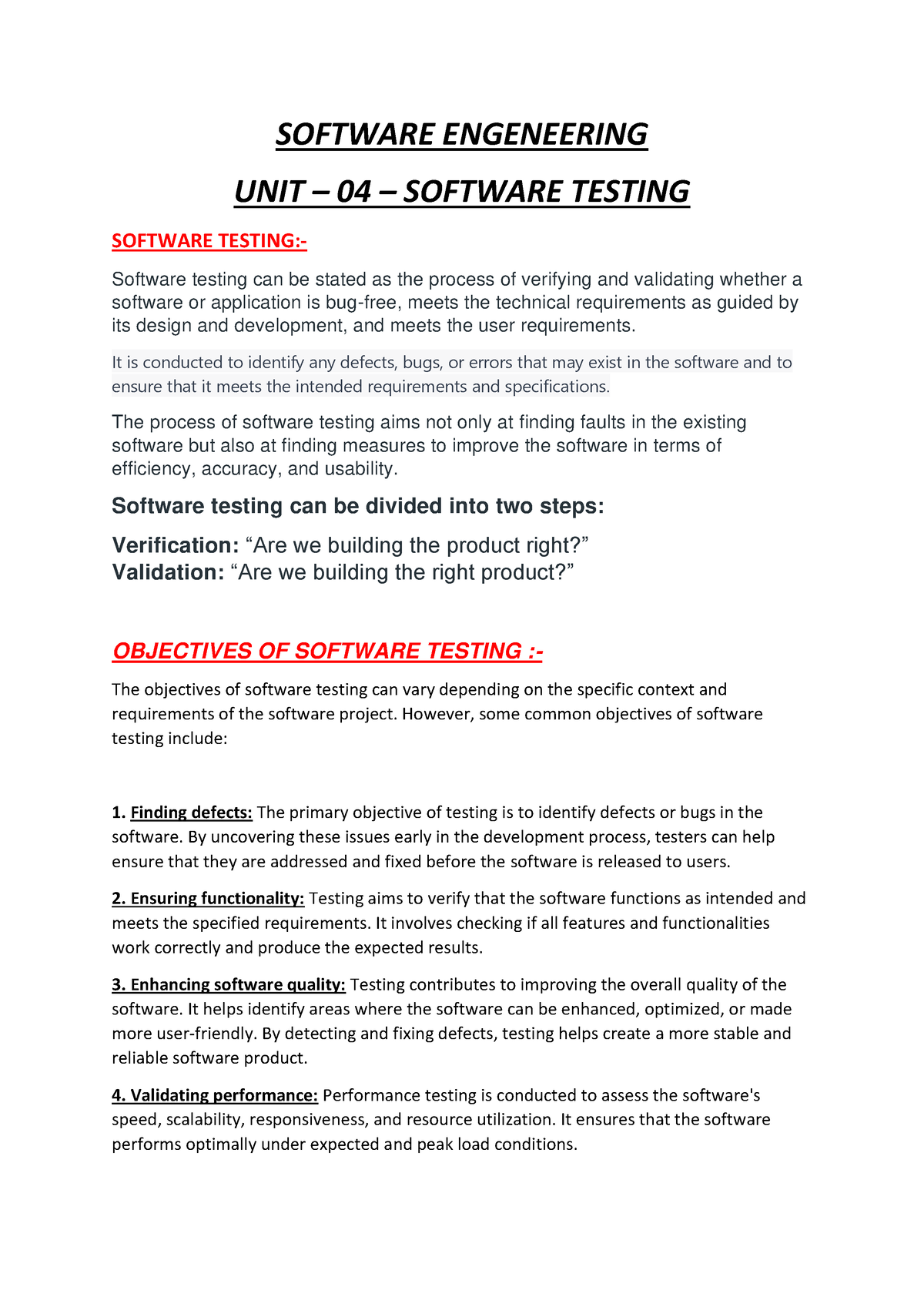 Soft eng. unit 04 - SOFTWARE ENGENEERING UNIT – 04 – SOFTWARE TESTING ...