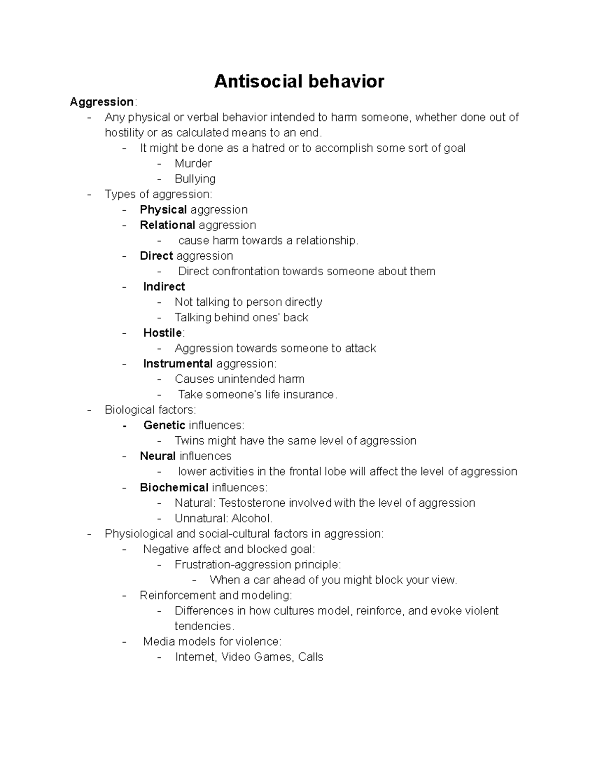 Notes 11-7 - Antisocial behavior Aggression: - Any physical or verbal ...