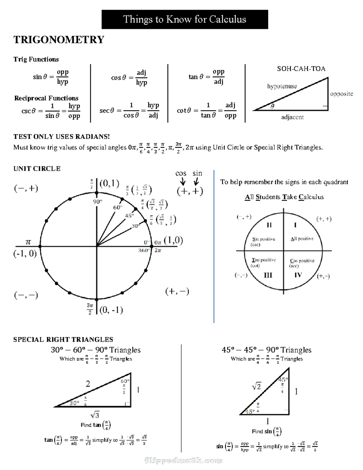 Things to know for calculus - TRIGONOMETRY Trig Functions sin 𝜃 = opp ...