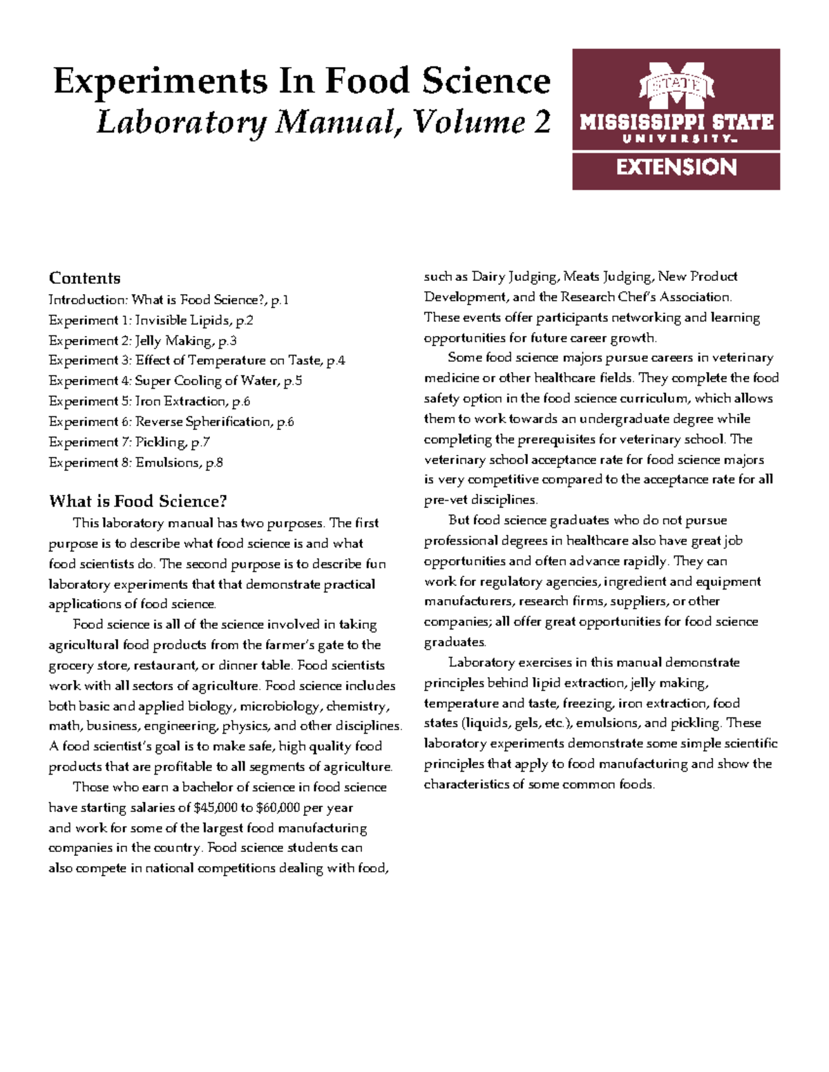 P2772 Lecture notes 1 Experiments In Food Science Laboratory Manual