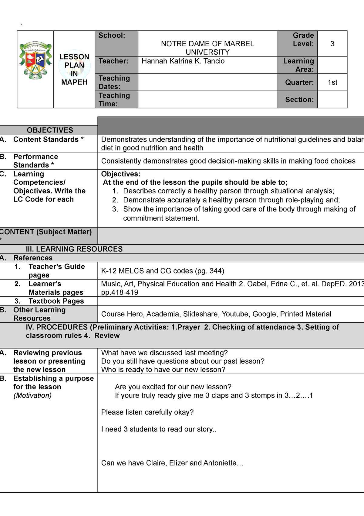 Revised LP in Edpeh ] Random lesson plan ` LESSON PLAN IN MAPEH