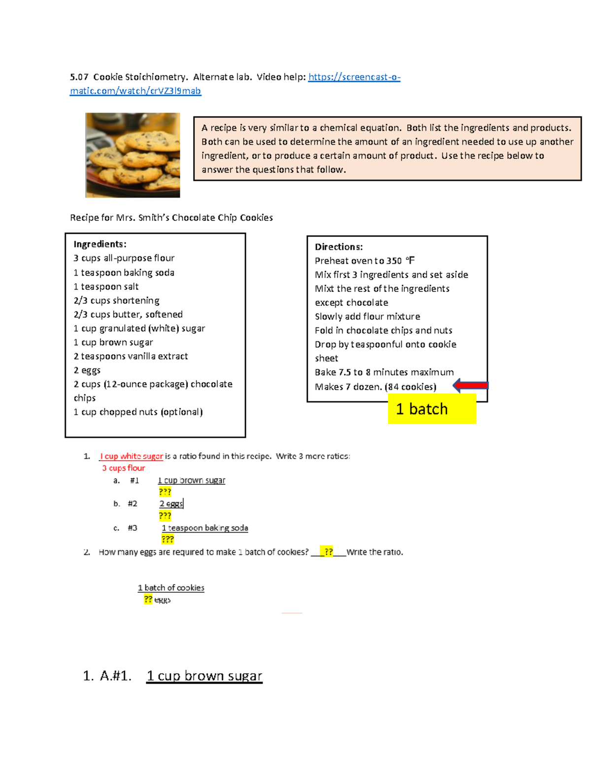 5.07 Percent Yield - 5 Cookie Stoichiometry. Alternate lab. Video help ...