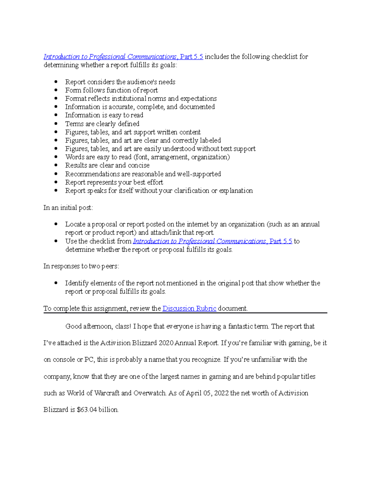 Module 6 Discussion Board Introduction to Professional Communications