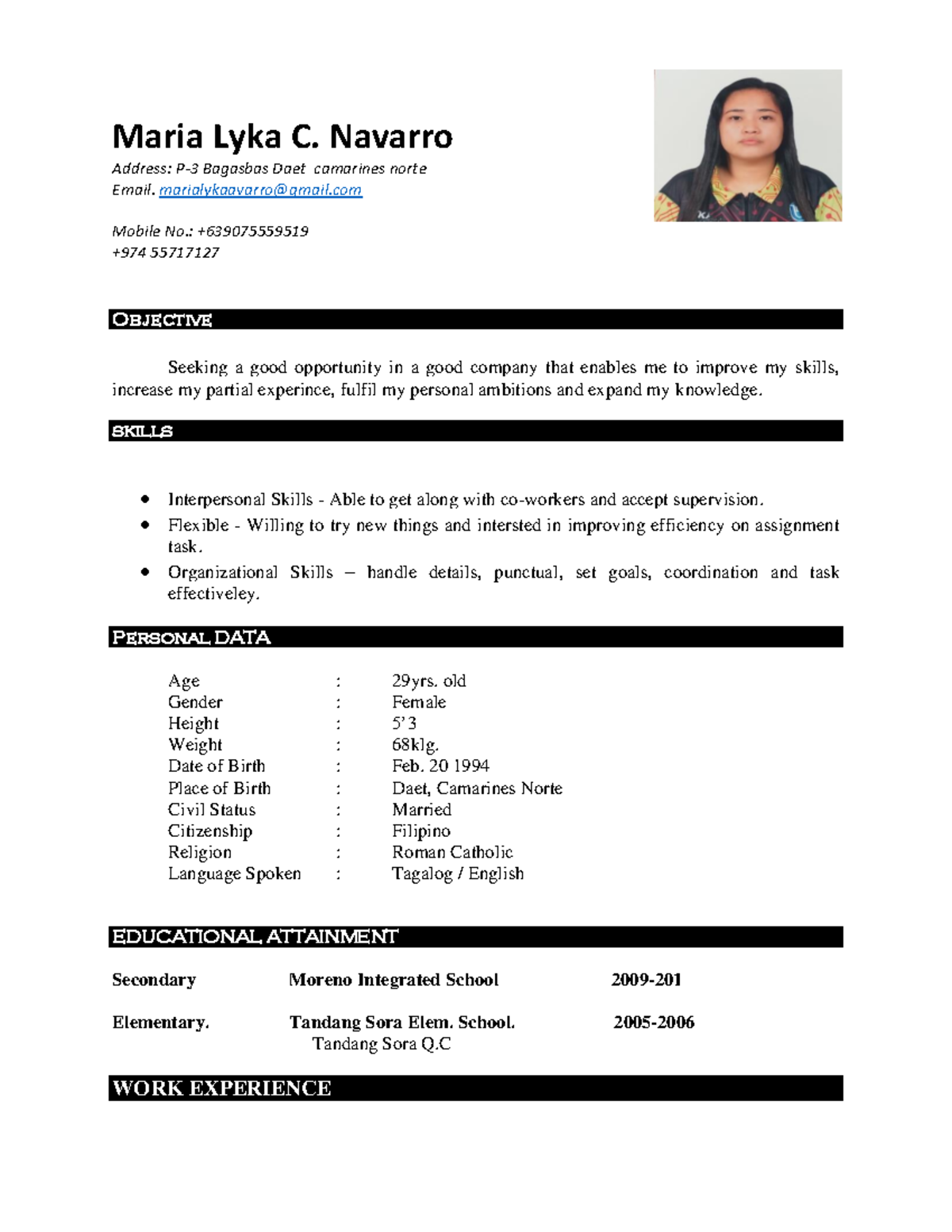 Resume - Maria Lyka C. Navarro Address: P-3 Bagasbas Daet camarines ...