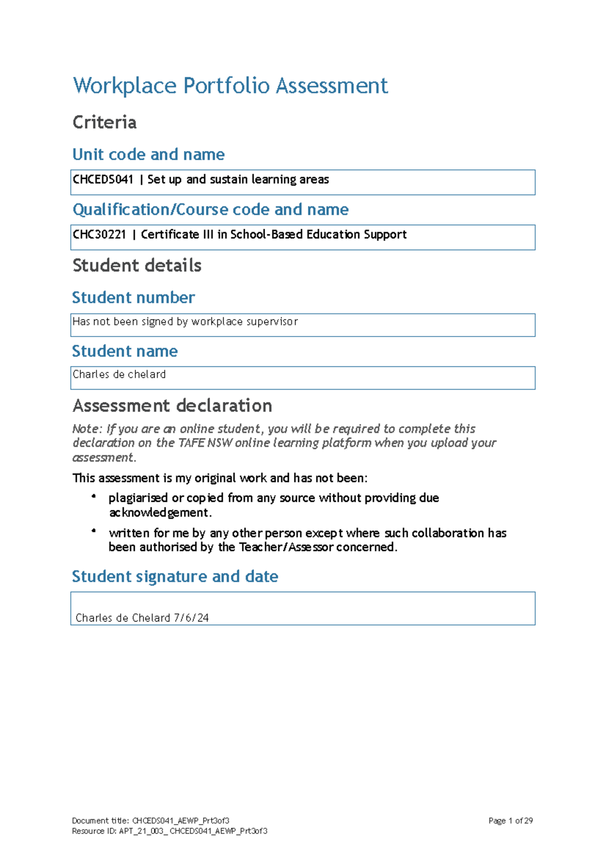 Chceds 041 Task 3submitsigned - Workplace Portfolio Assessment Criteria ...