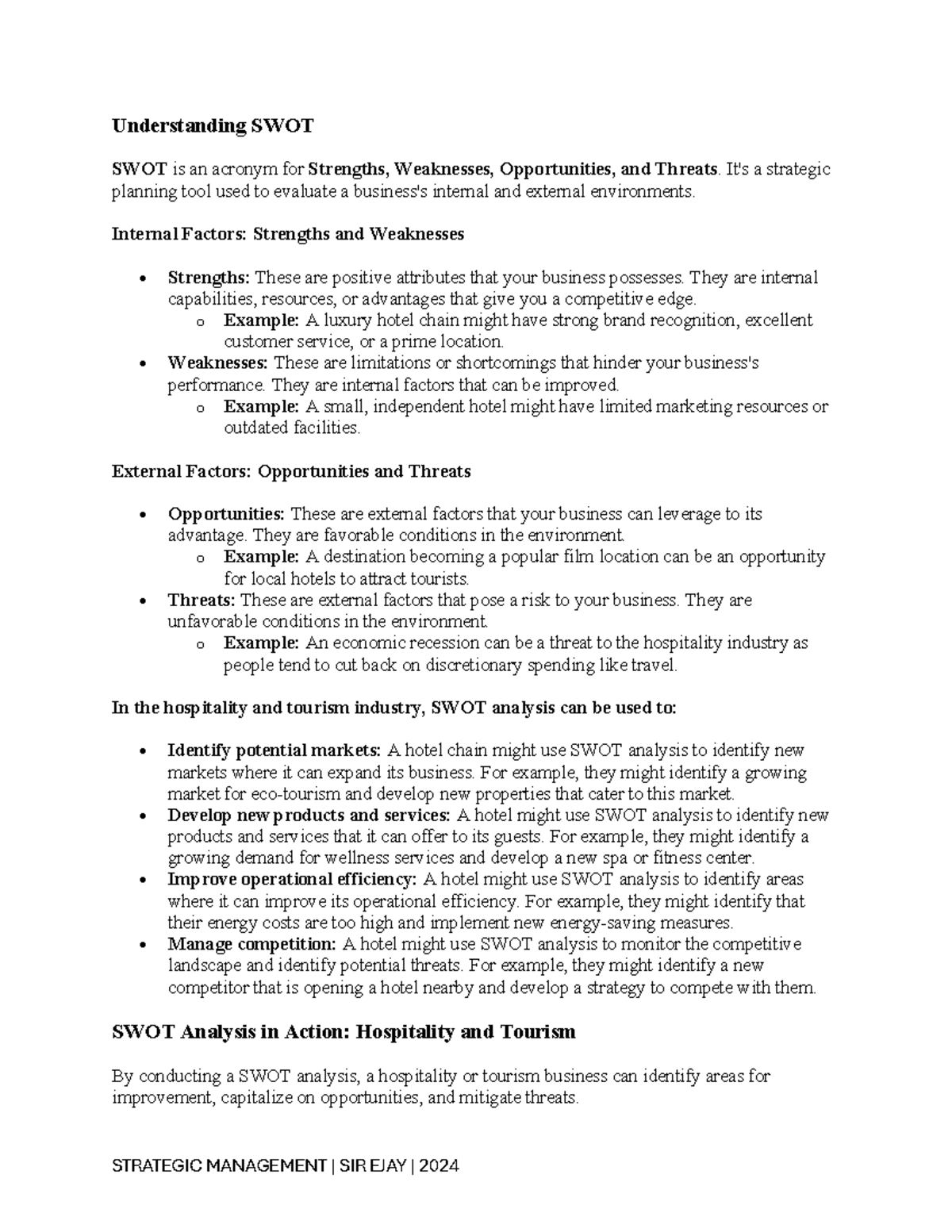 Understanding-SWOT- Finals - Understanding SWOT SWOT is an acronym for ...