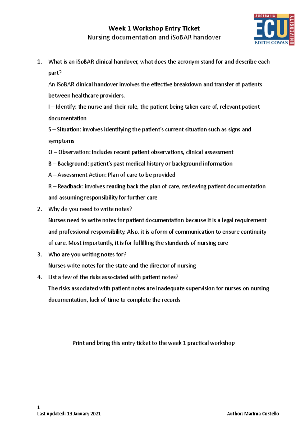 Wk1 entry ticket - Nursing documentation and i So BAR handover - Week 1 ...