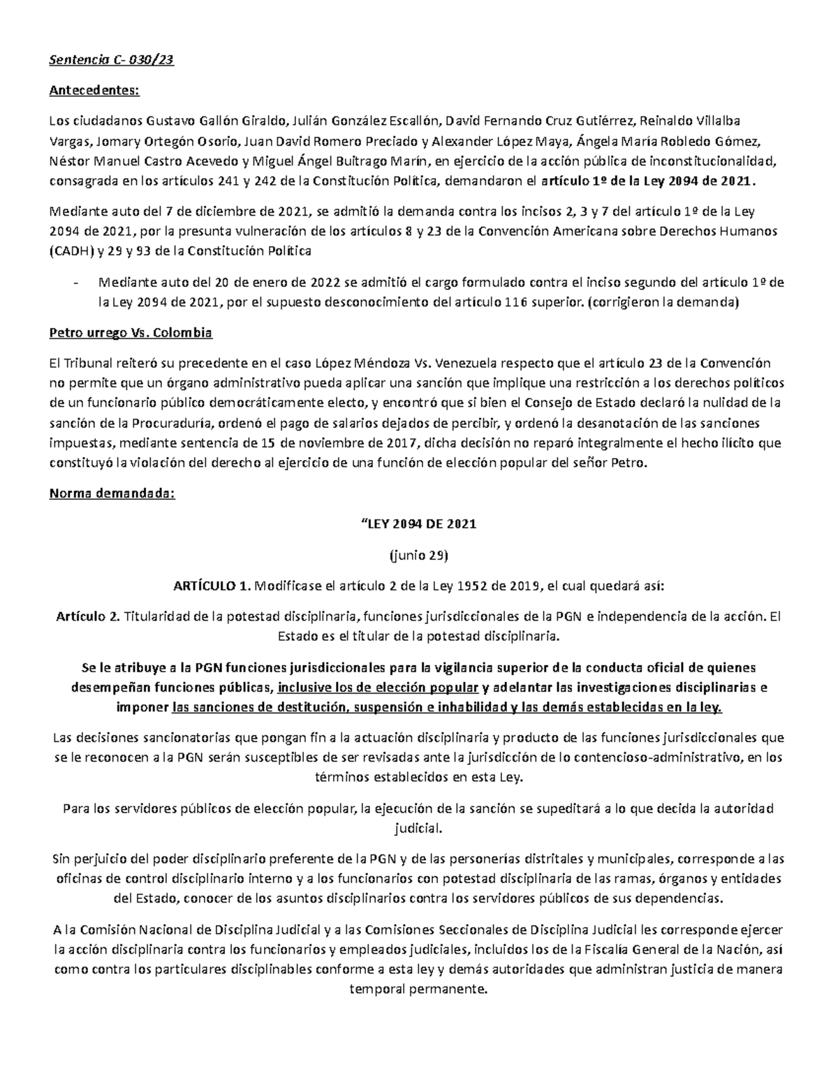 Sentencia c 030-23 - Sentencia C- 030/ Antecedentes: Los ciudadanos