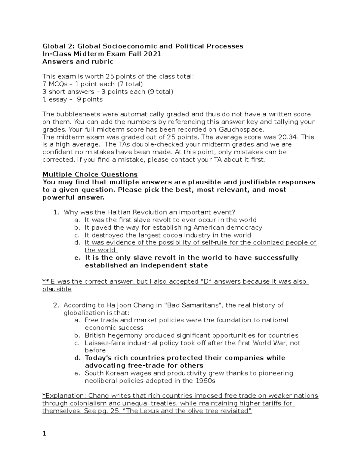 Midterm rubric and answers - Global 2: Global Socioeconomic and ...