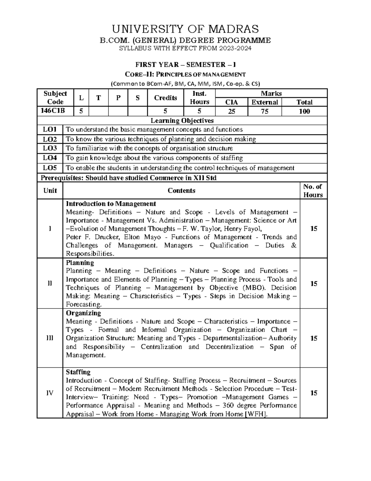 146C1B Principles OF Management - UNIVERSITY OF MADRAS B. (GENERAL ...