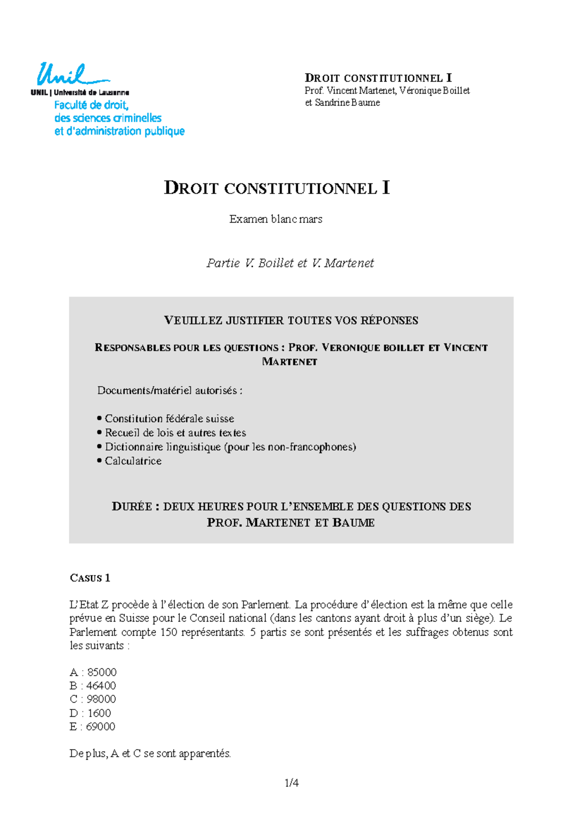 Examen Blanc 2019 - DROIT CONSTITUTIONNEL I Prof. Vincent Martenet ...