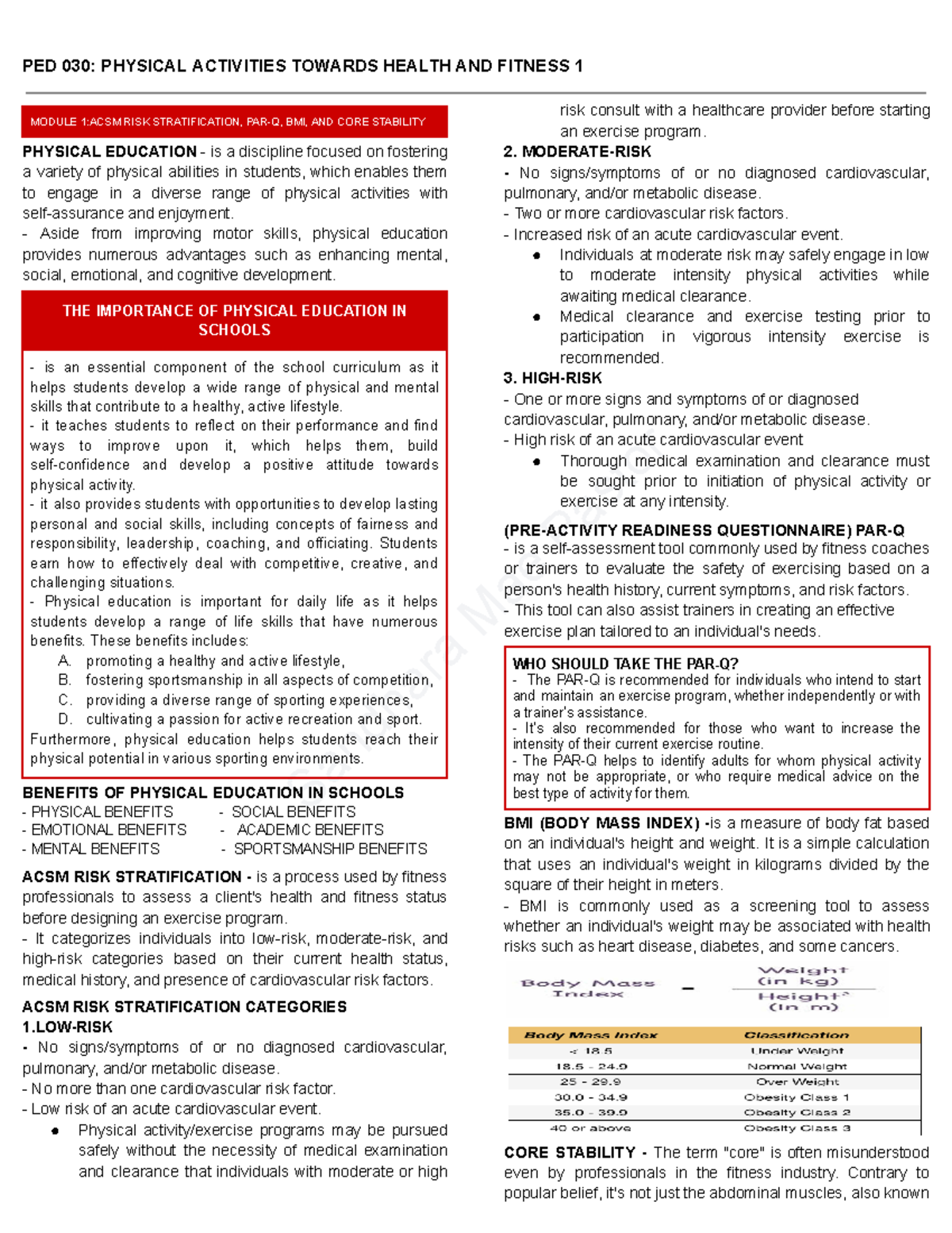 PED-030 - P1 reviewer - Sandhara Mae Pastor MODULE 1:ACSM RISK ...