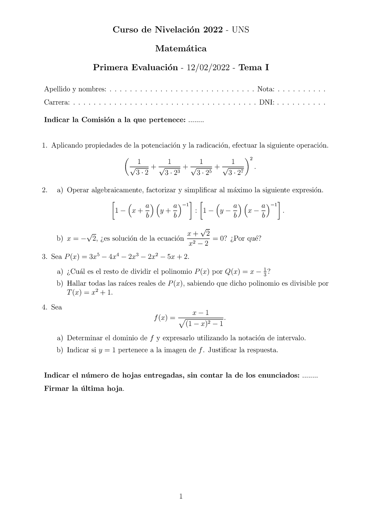 Primera Evaluacion 2 - Aaaaaaaaaaaaaaaaa - Curso De Nivelaci ́on 2022 ...