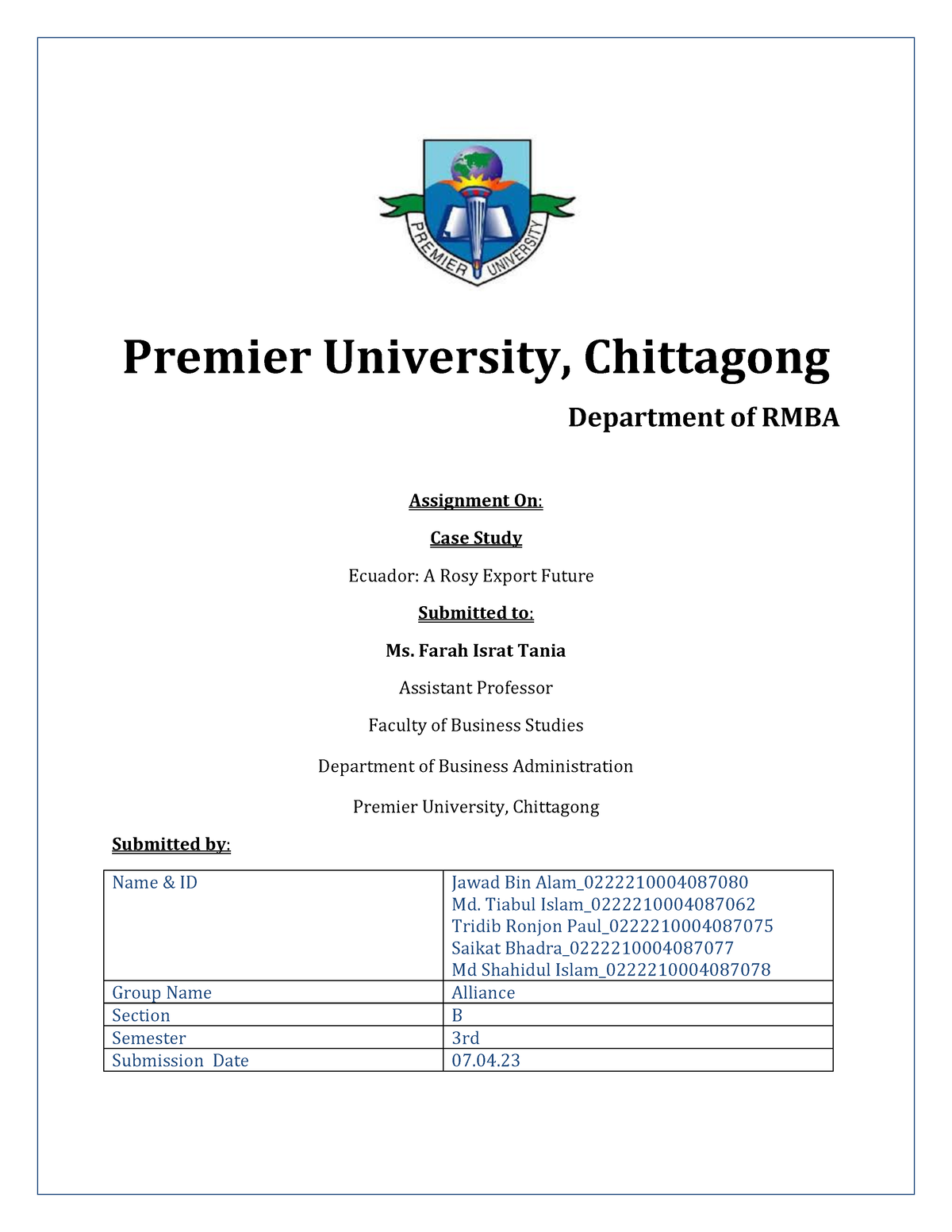 chittagong university assignment cover page